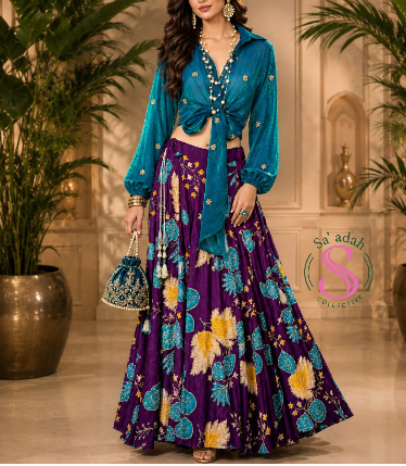 Teal Blue & Purple Floral Women's Lehenga Set