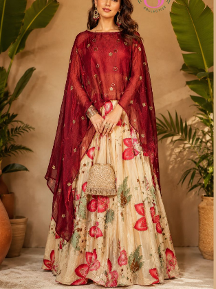 Cream Floral Printed Women’s Lehenga Set with Maroon Dupatta