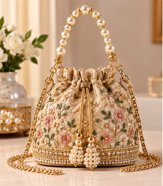 Champagne Gold Floral Embroidered Pearl Potli Bag