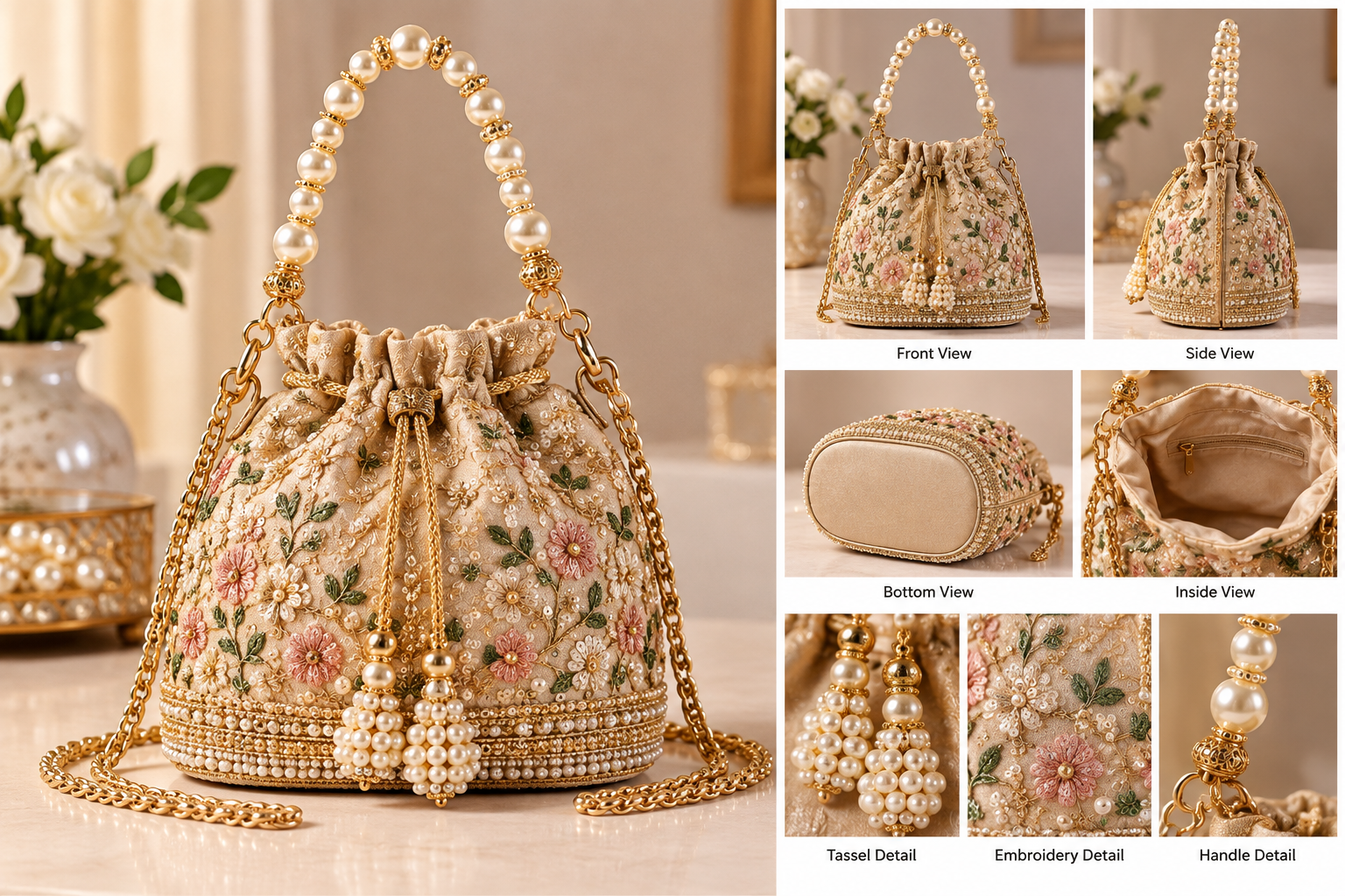 Champagne Gold Floral Embroidered Pearl Potli Bag image 2